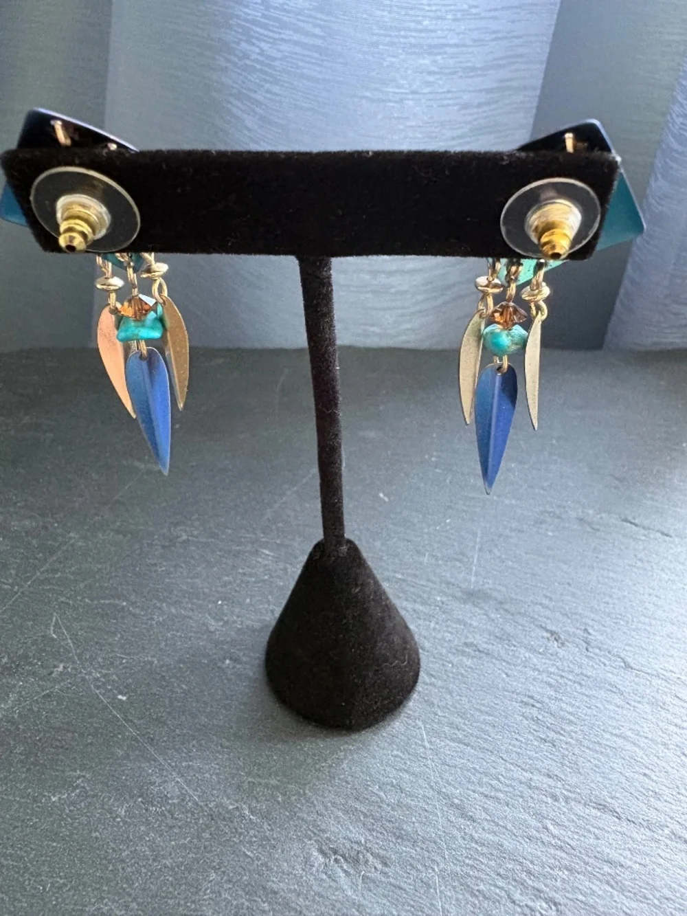 Vintage Holly Yashi Niobium Diamond Drop Earrings Turquoise Leaf Dangle 80s 90s